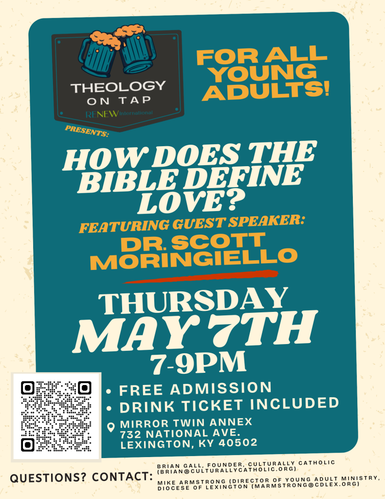 Teal event poster promoting 'How Does the Bible Define Love?' with beer mug logo and Theology on Tap branding for young adults.](https://)