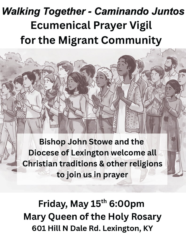Poster for Walking Together – Caminando Juntos Ecumenical Prayer Vigil for the Migrant Community, with a diverse crowd praying.