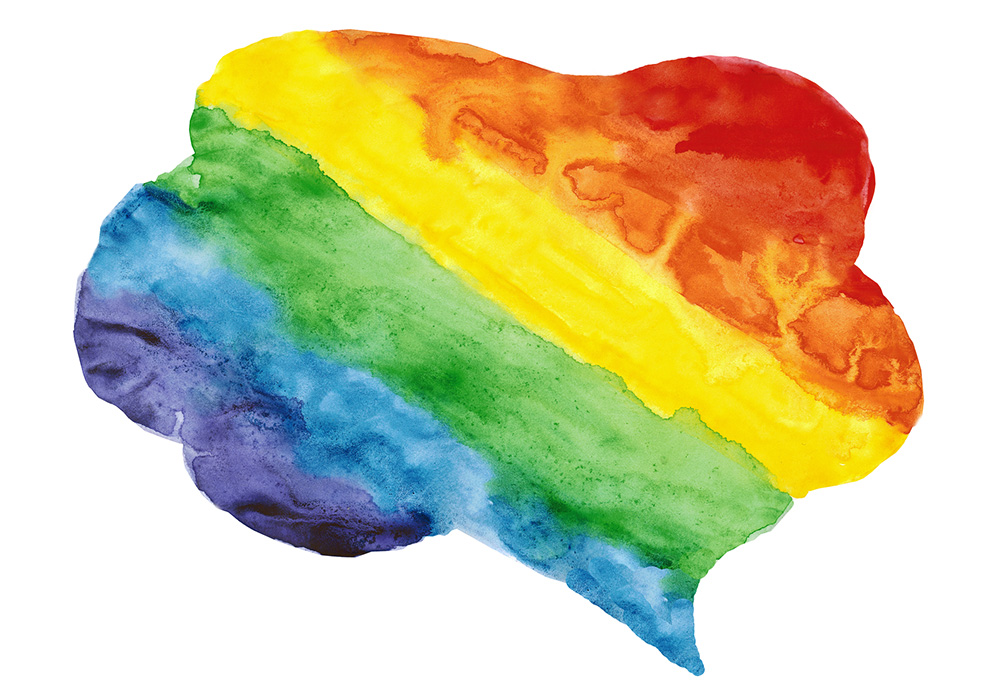Rainbow watercolor speech bubble symbolizing inclusive communication and diversity