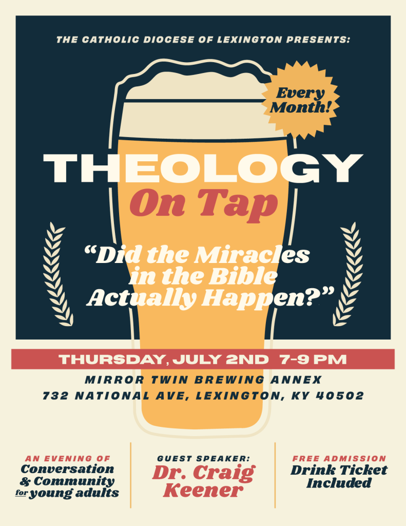 Poster for 'Theology On Tap' featuring a beer glass illustration, with event date July 2, 7–9 PM, at Mirror Twin Brewing Annex, Lexington, KY.