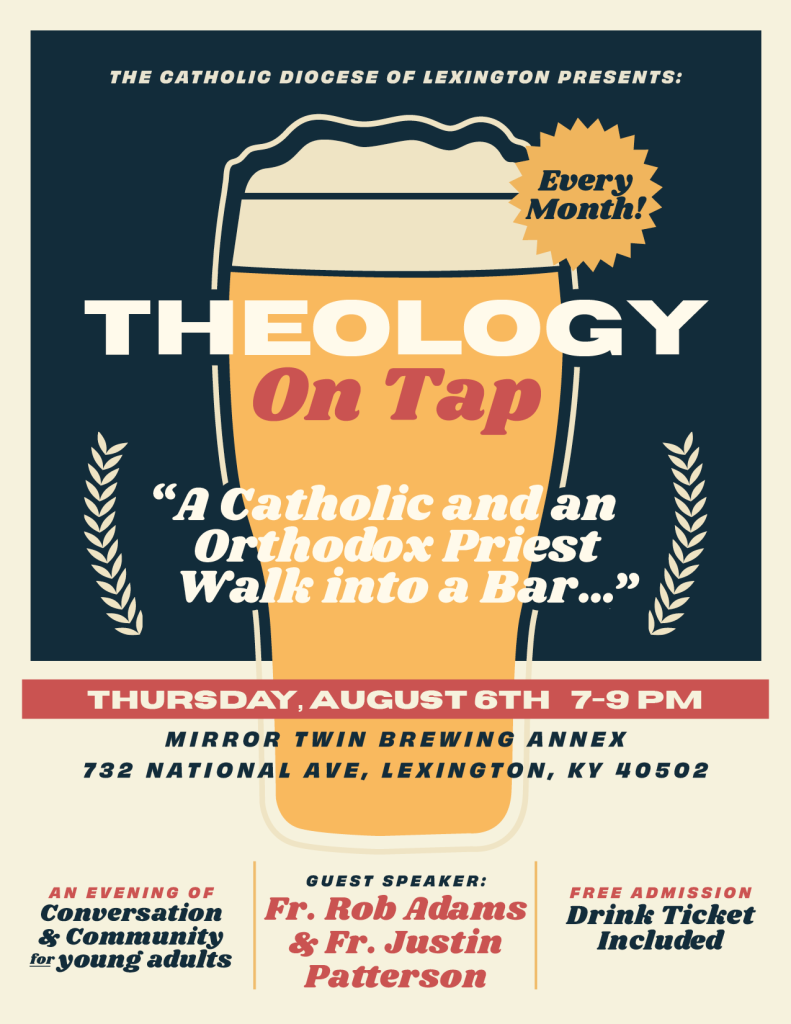 Poster promoting Theology On Tap event with a beer glass and bold text 'THEOLOGY On Tap' in cream, orange, and navy colors, including venue and date details