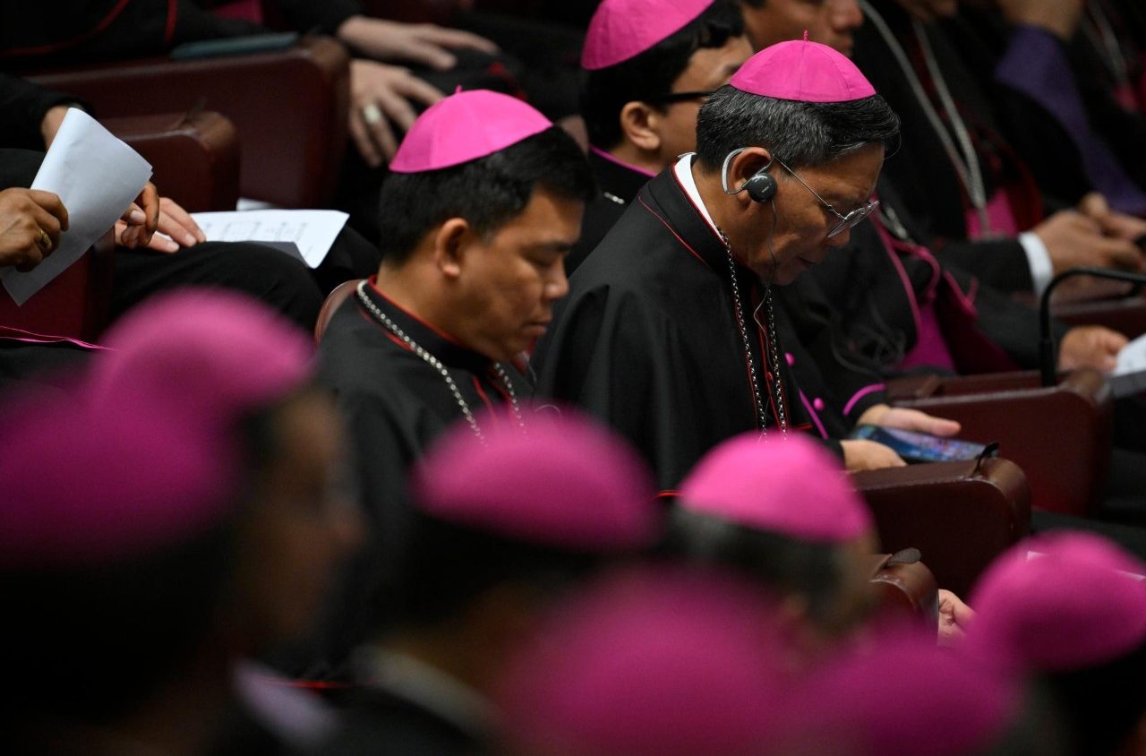 Catholic bishops wearing pink zucche and black robes seated in an auditorium, some looking at papers or devices.